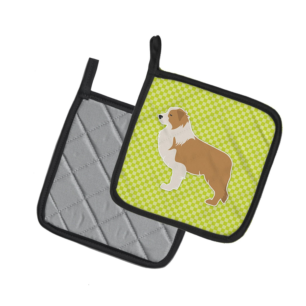 Red Border Collie Checkerboard Green Pot Holder Set of 2 Heat Resistant Quilted Hot Pads 7.5 x 7.5 Inch, Insulated Kitchen Trivets for Cooking & Baking
