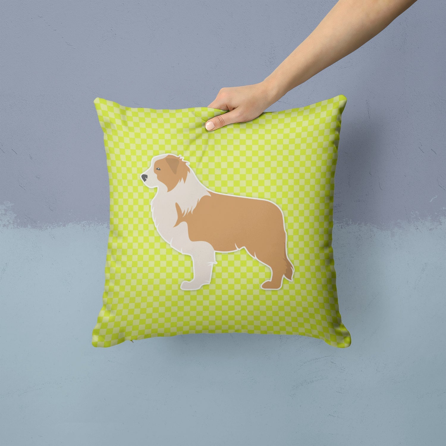 Red Border Collie Checkerboard Green Decorative Throw Pillow 14x14 Indoor Outdoor Accent Cushion, Fabric Cover with Insert for Sofa, Bed, Porch & Living Room