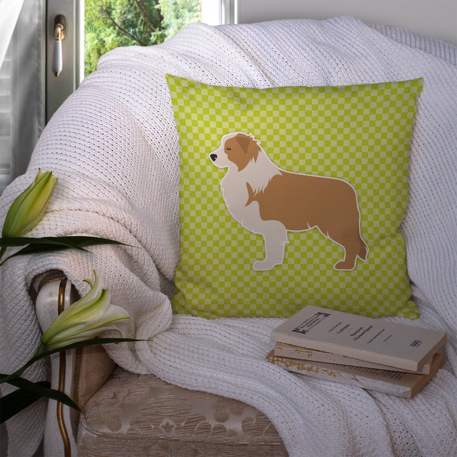 Red Border Collie Checkerboard Green Decorative Throw Pillow 14x14 Indoor Outdoor Accent Cushion, Fabric Cover with Insert for Sofa, Bed, Porch & Living Room