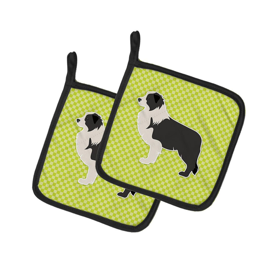 Black Border Collie Checkerboard Green Pot Holder Set of 2 Heat Resistant Quilted Hot Pads 7.5 x 7.5 Inch, Insulated Kitchen Trivets for Cooking & Baking