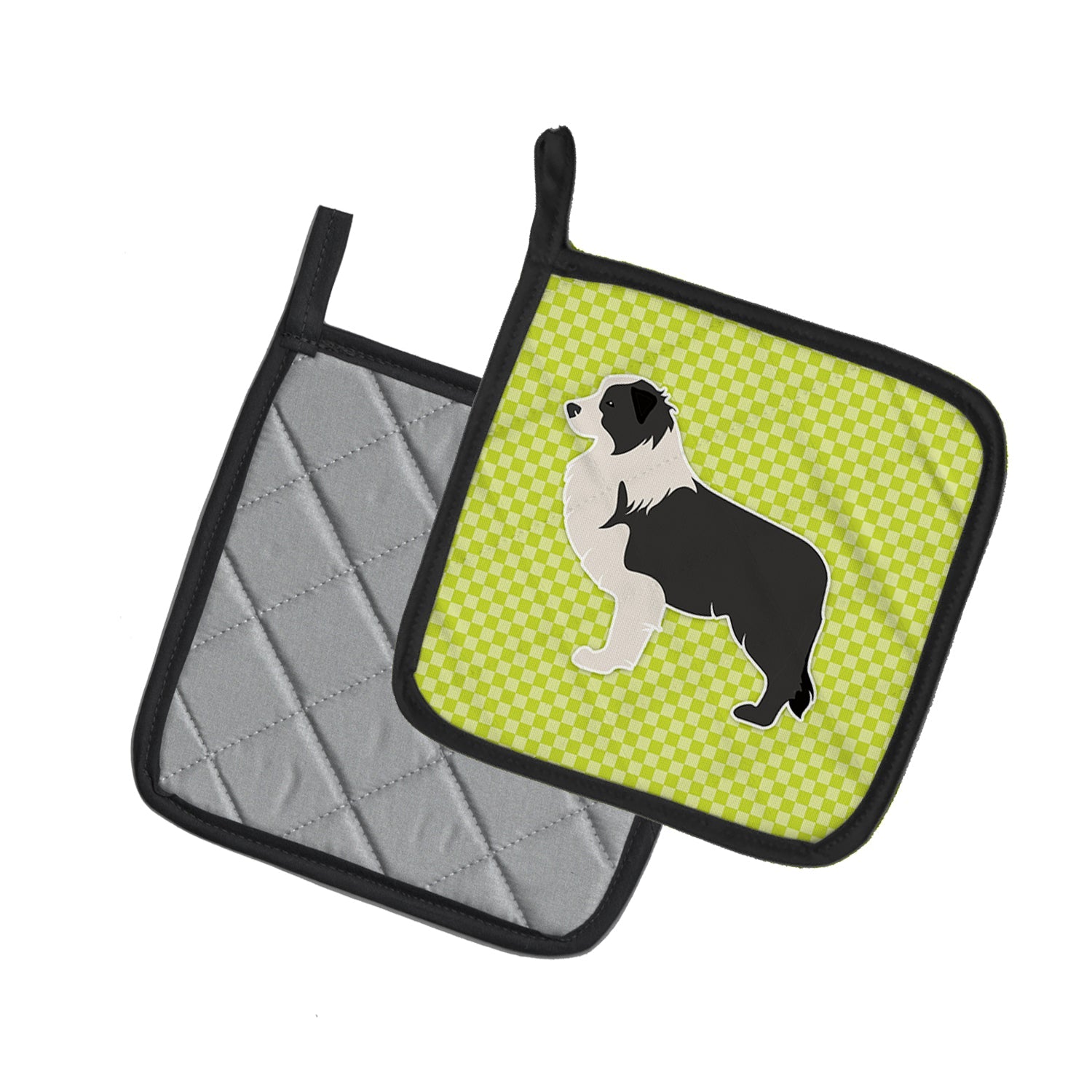 Black Border Collie Checkerboard Green Pot Holder Set of 2 Heat Resistant Quilted Hot Pads 7.5 x 7.5 Inch, Insulated Kitchen Trivets for Cooking & Baking