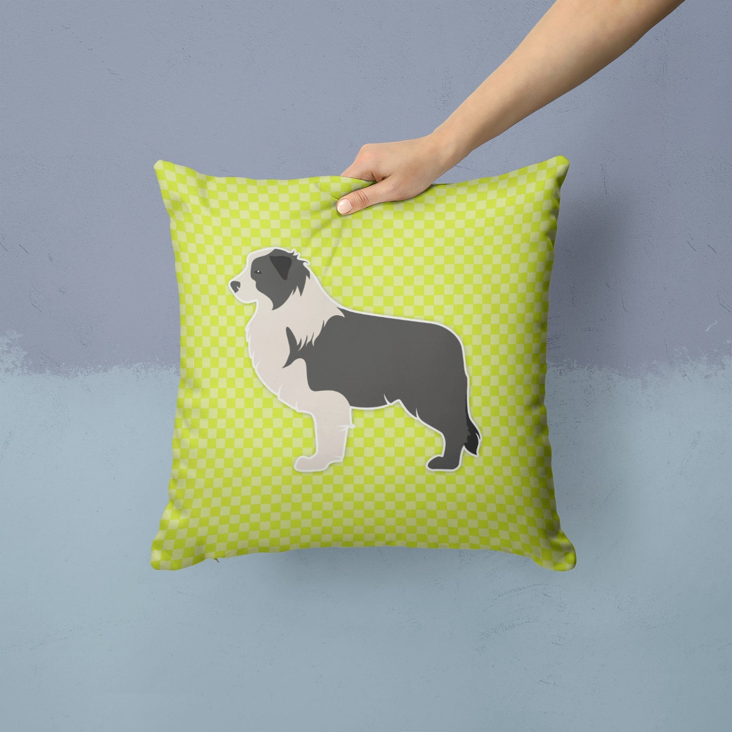 Black Border Collie Checkerboard Green Decorative Throw Pillow 14x14 Indoor Outdoor Accent Cushion, Fabric Cover with Insert for Sofa, Bed, Porch & Living Room