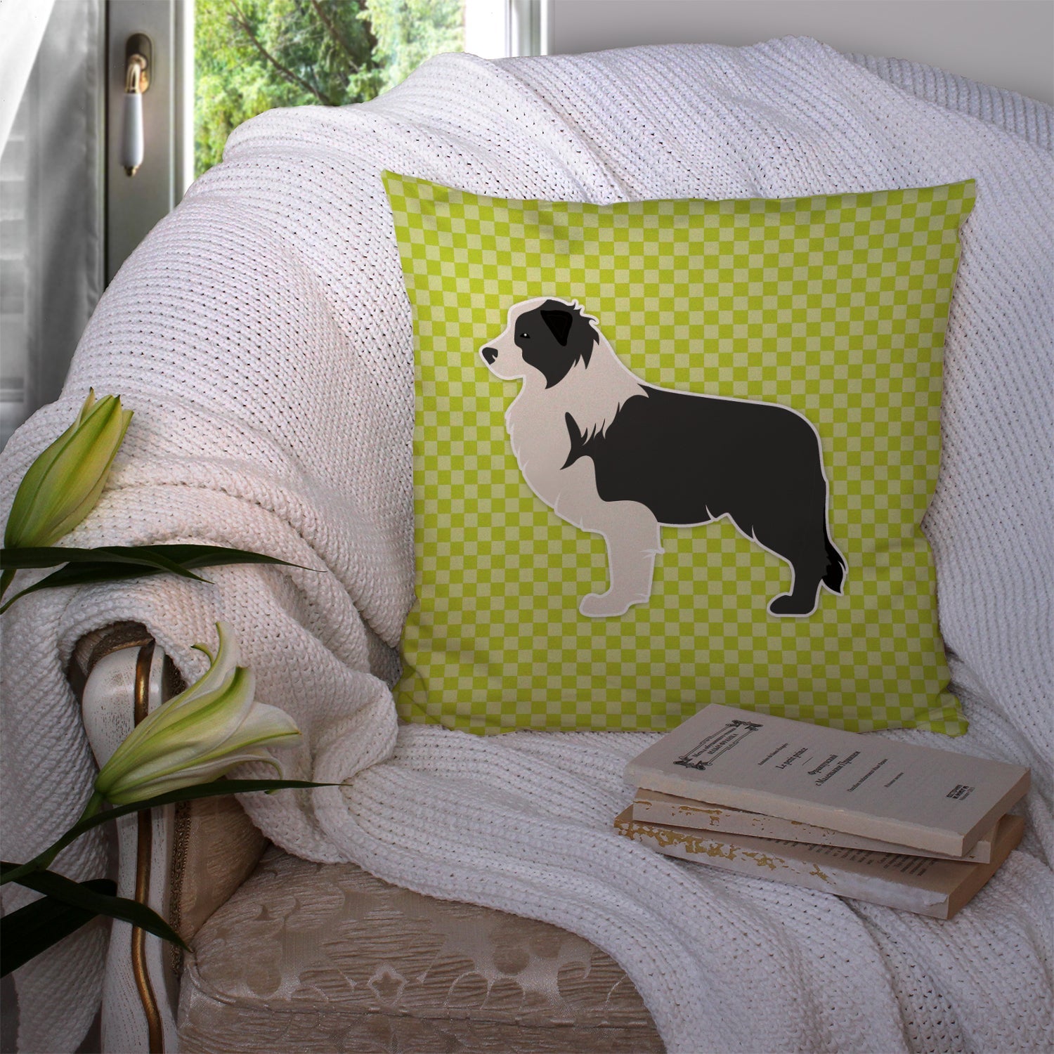 Black Border Collie Checkerboard Green Decorative Throw Pillow 14x14 Indoor Outdoor Accent Cushion, Fabric Cover with Insert for Sofa, Bed, Porch & Living Room