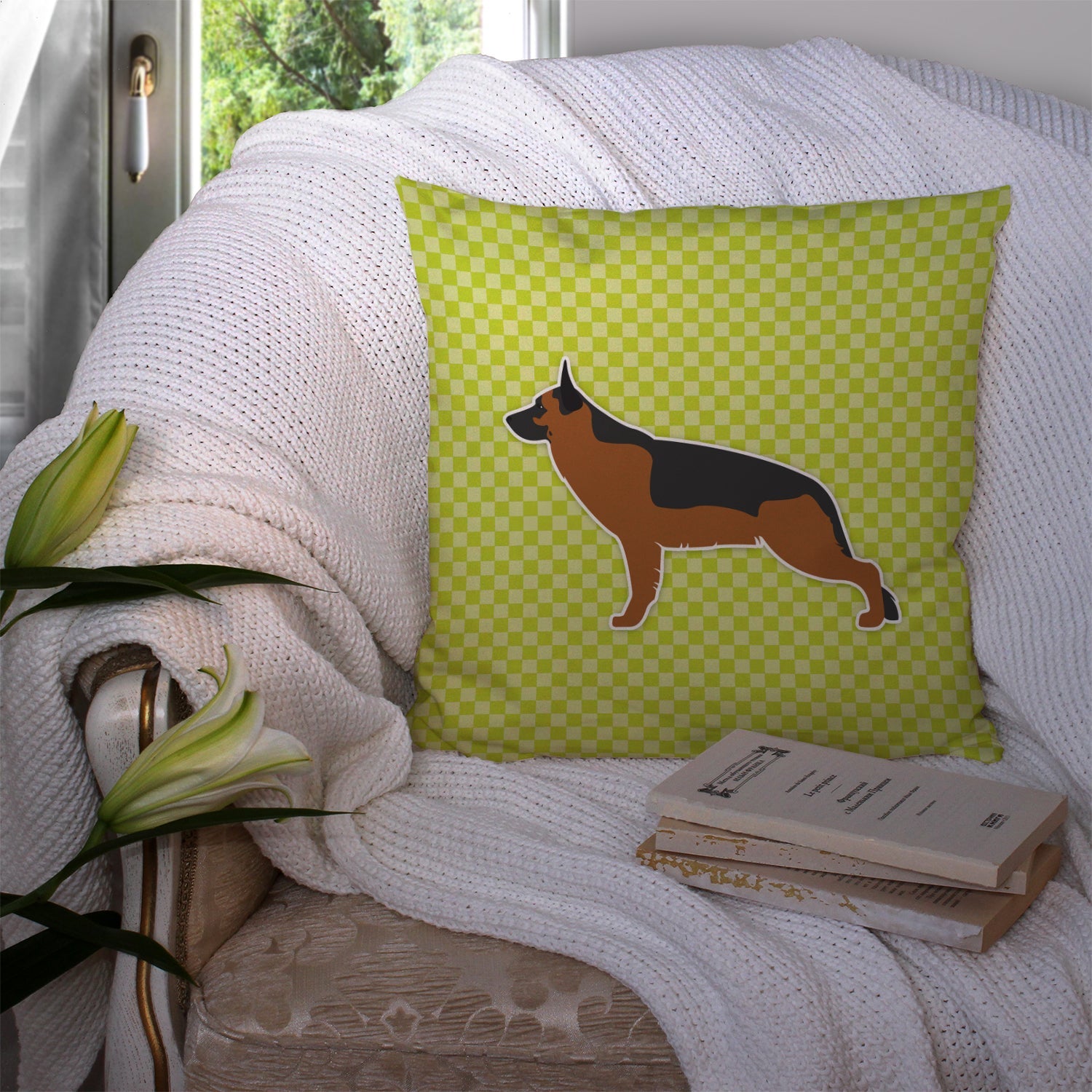 German Shepherd Checkerboard Green Decorative Throw Pillow 14x14 Indoor Outdoor Accent Cushion, Fabric Cover with Insert for Sofa, Bed, Porch & Living Room