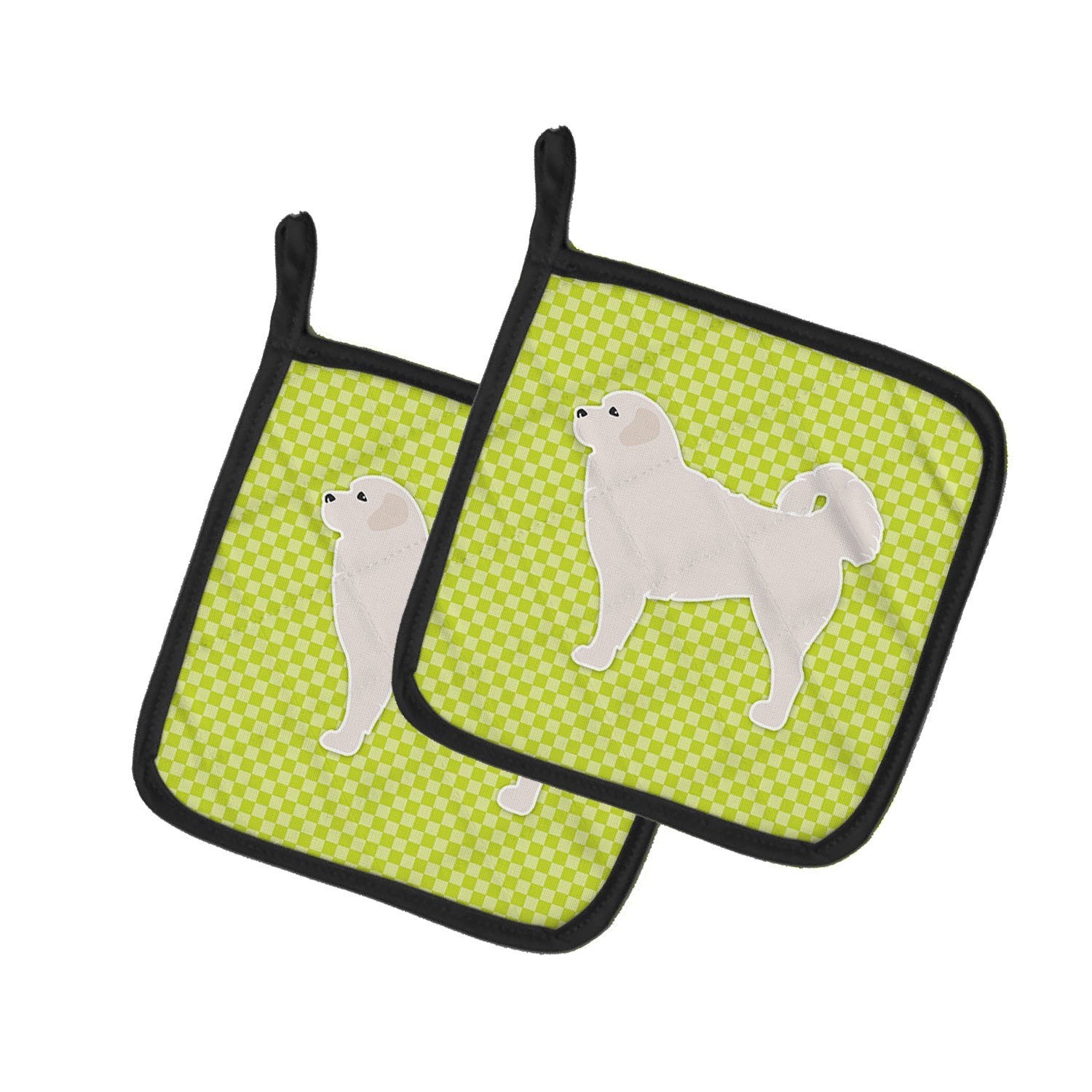 Polish Tatra Sheepdog Checkerboard Green Pot Holder Set of 2 Heat Resistant Quilted Hot Pads 7.5 x 7.5 Inch, Insulated Kitchen Trivets for Cooking & Baking