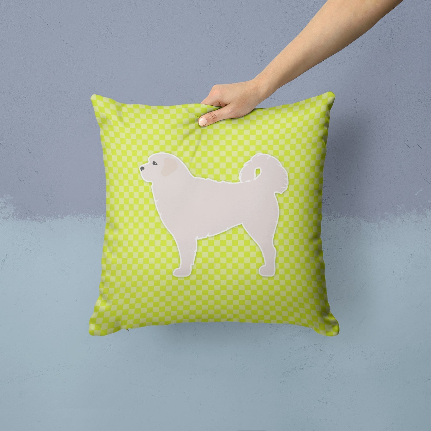 Polish Tatra Sheepdog Checkerboard Green Decorative Throw Pillow 14x14 Indoor Outdoor Accent Cushion, Fabric Cover with Insert for Sofa, Bed, Porch & Living Room