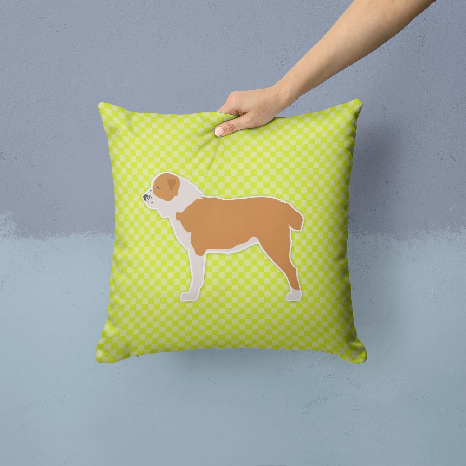 Central Asian Shepherd Dog Checkerboard Green Decorative Throw Pillow 14x14 Indoor Outdoor Accent Cushion, Fabric Cover with Insert for Sofa, Bed, Porch & Living Room