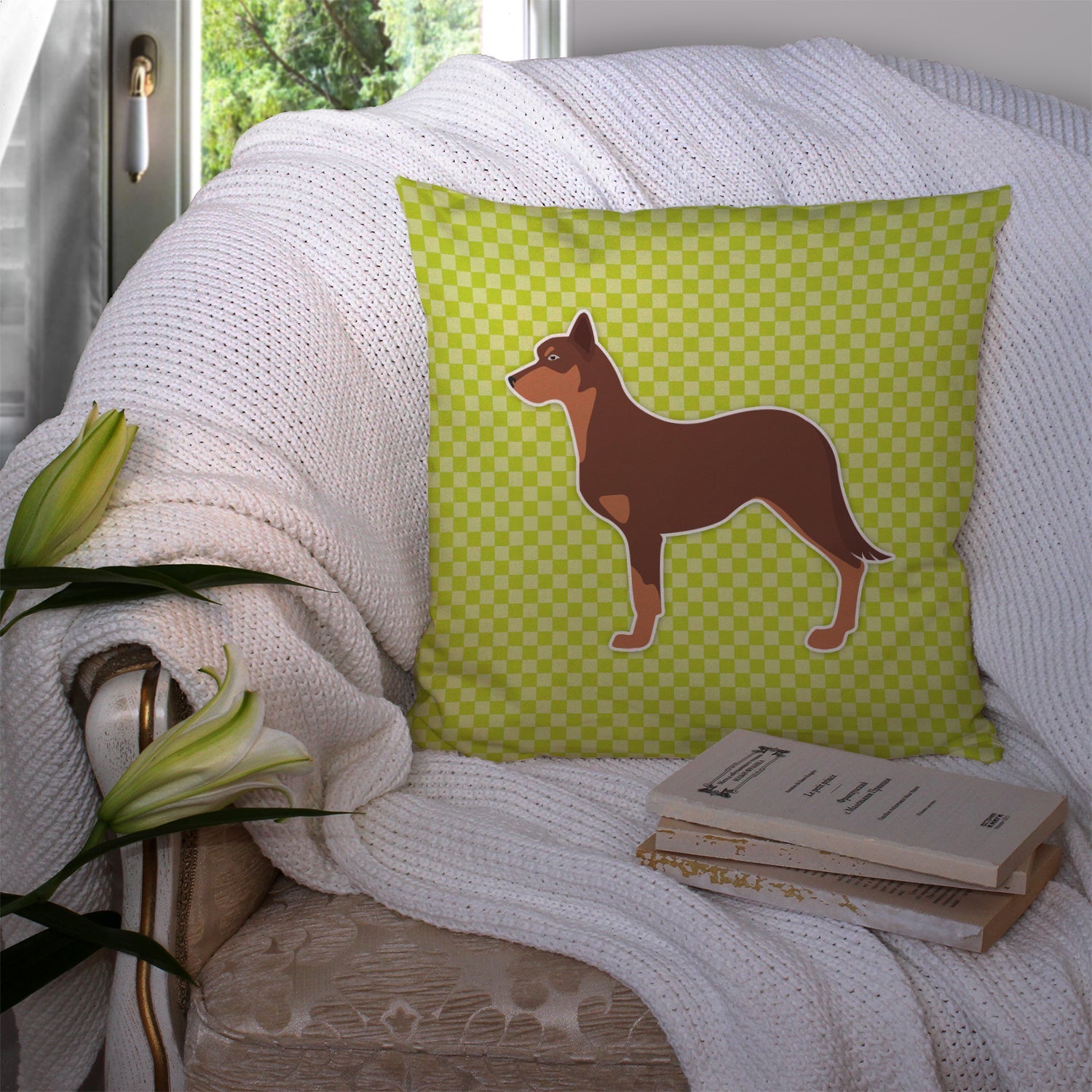 Australian Kelpie Dog Checkerboard Green Decorative Throw Pillow 14x14 Indoor Outdoor Accent Cushion, Fabric Cover with Insert for Sofa, Bed, Porch & Living Room