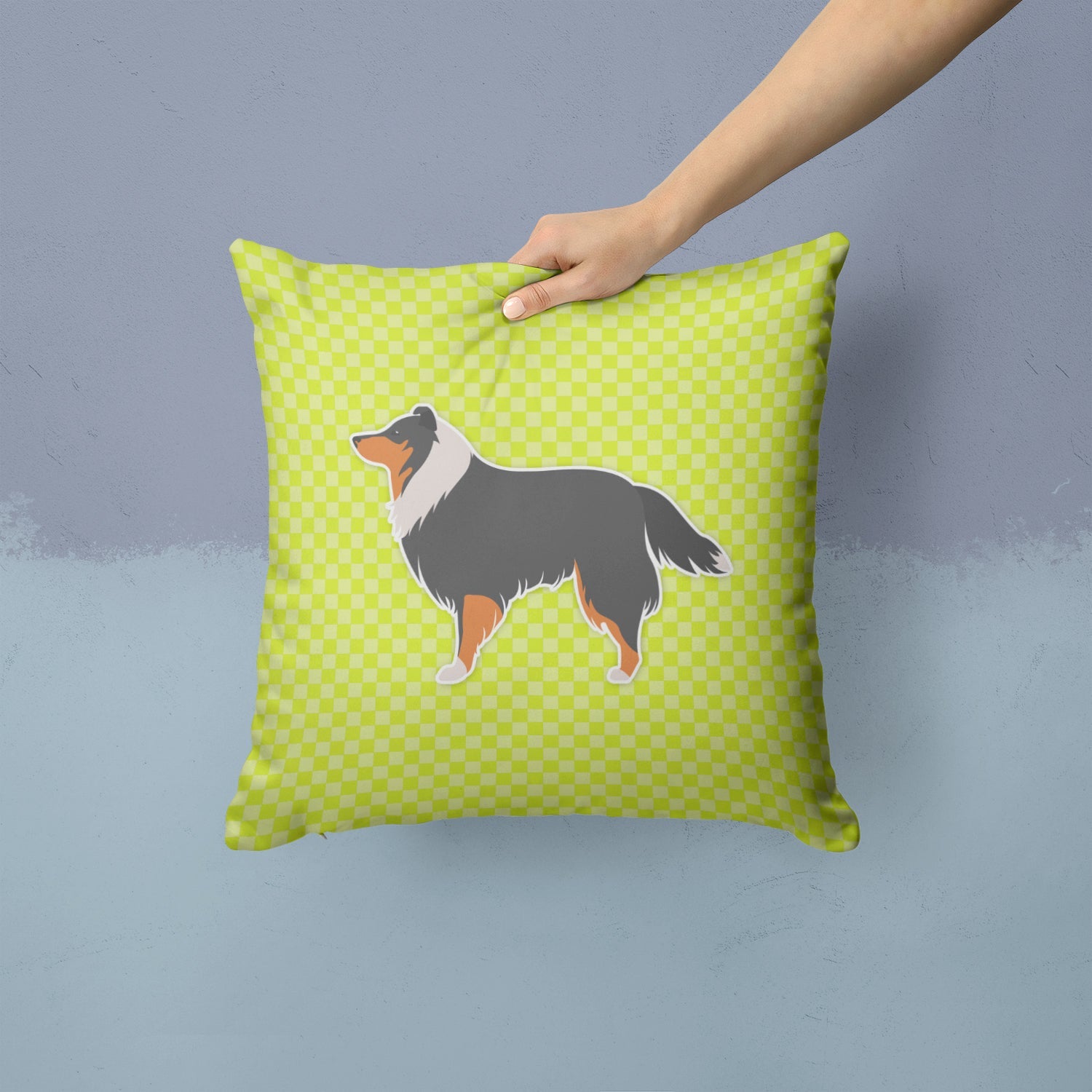 Sheltie/Shetland Sheepdog Checkerboard Green Decorative Throw Pillow 14x14 Indoor Outdoor Accent Cushion, Fabric Cover with Insert for Sofa, Bed, Porch & Living Room
