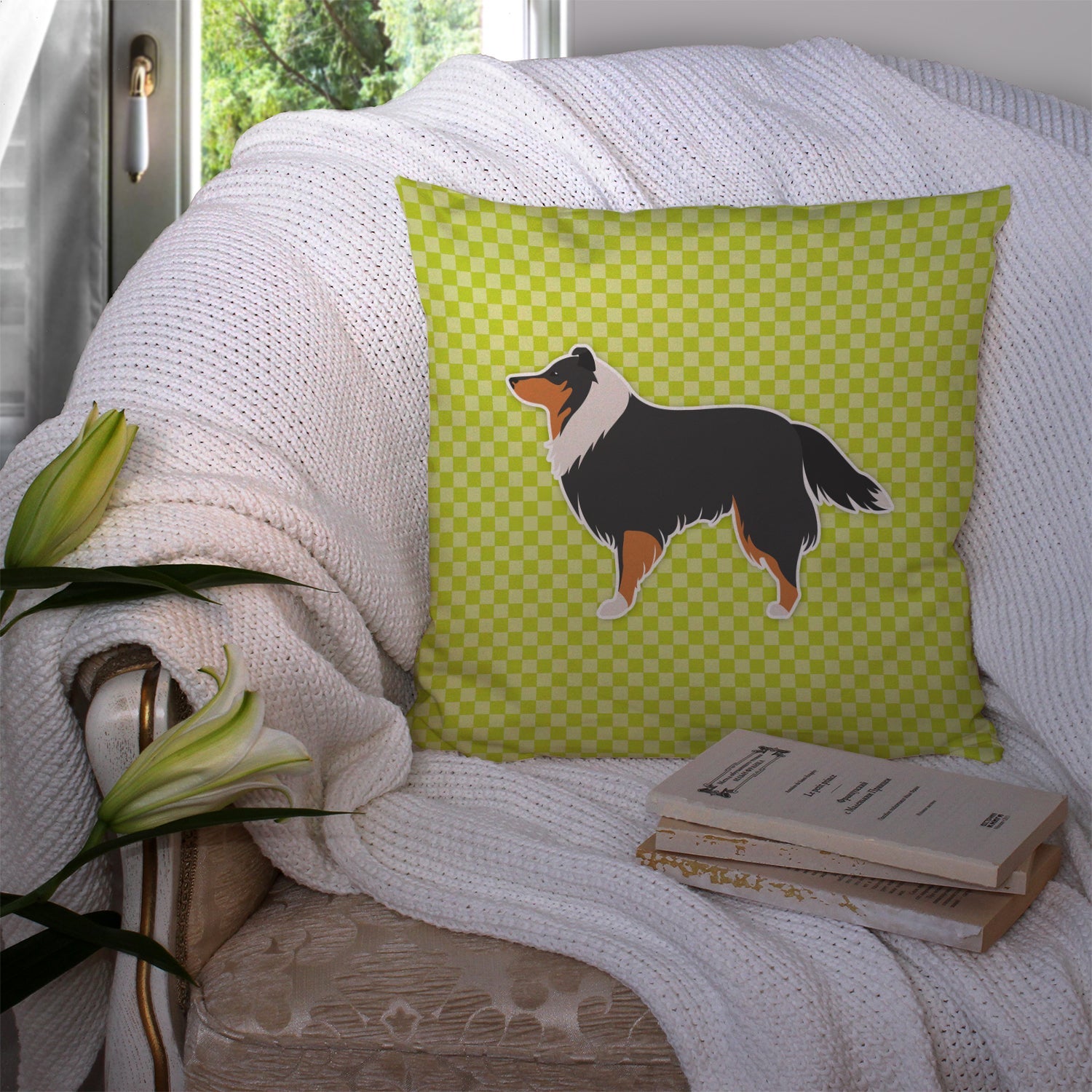 Sheltie/Shetland Sheepdog Checkerboard Green Decorative Throw Pillow 14x14 Indoor Outdoor Accent Cushion, Fabric Cover with Insert for Sofa, Bed, Porch & Living Room