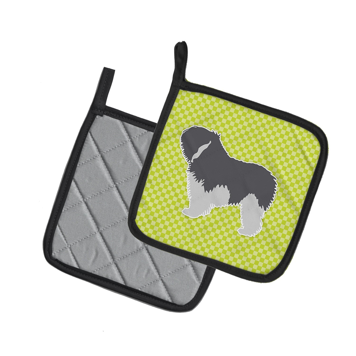 Polish Lowland Sheepdog Dog Checkerboard Green Pot Holder Set of 2 Heat Resistant Quilted Hot Pads 7.5 x 7.5 Inch, Insulated Kitchen Trivets for Cooking & Baking