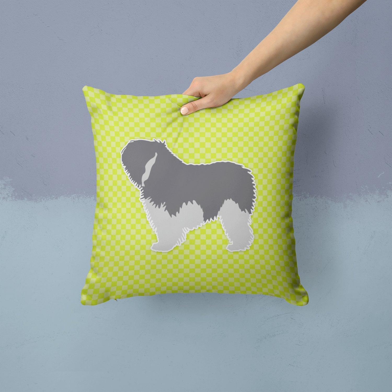 Polish Lowland Sheepdog Dog Checkerboard Green Decorative Throw Pillow 14x14 Indoor Outdoor Accent Cushion, Fabric Cover with Insert for Sofa, Bed, Porch & Living Room