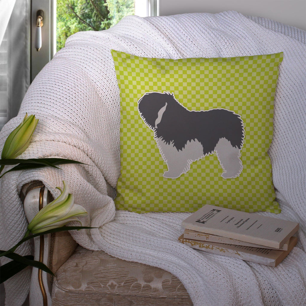 Polish Lowland Sheepdog Dog Checkerboard Green Decorative Throw Pillow 14x14 Indoor Outdoor Accent Cushion, Fabric Cover with Insert for Sofa, Bed, Porch & Living Room