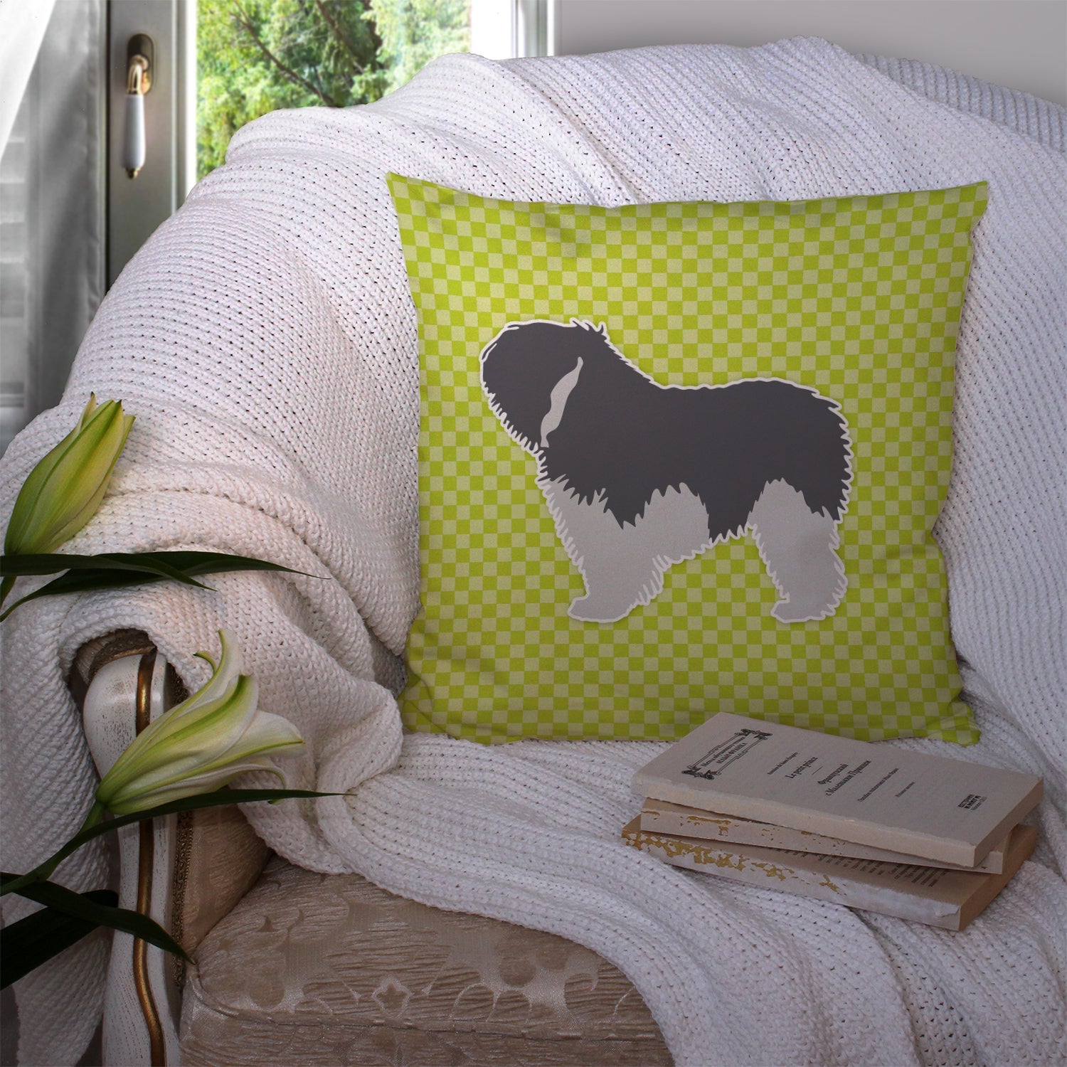 Polish Lowland Sheepdog Dog Checkerboard Green Decorative Throw Pillow 14x14 Indoor Outdoor Accent Cushion, Fabric Cover with Insert for Sofa, Bed, Porch & Living Room