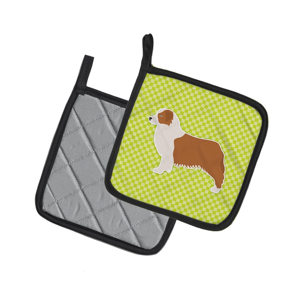 Australian Shepherd Dog Checkerboard Green Pot Holder Set of 2 Heat Resistant Quilted Hot Pads 7.5 x 7.5 Inch, Insulated Kitchen Trivets for Cooking & Baking