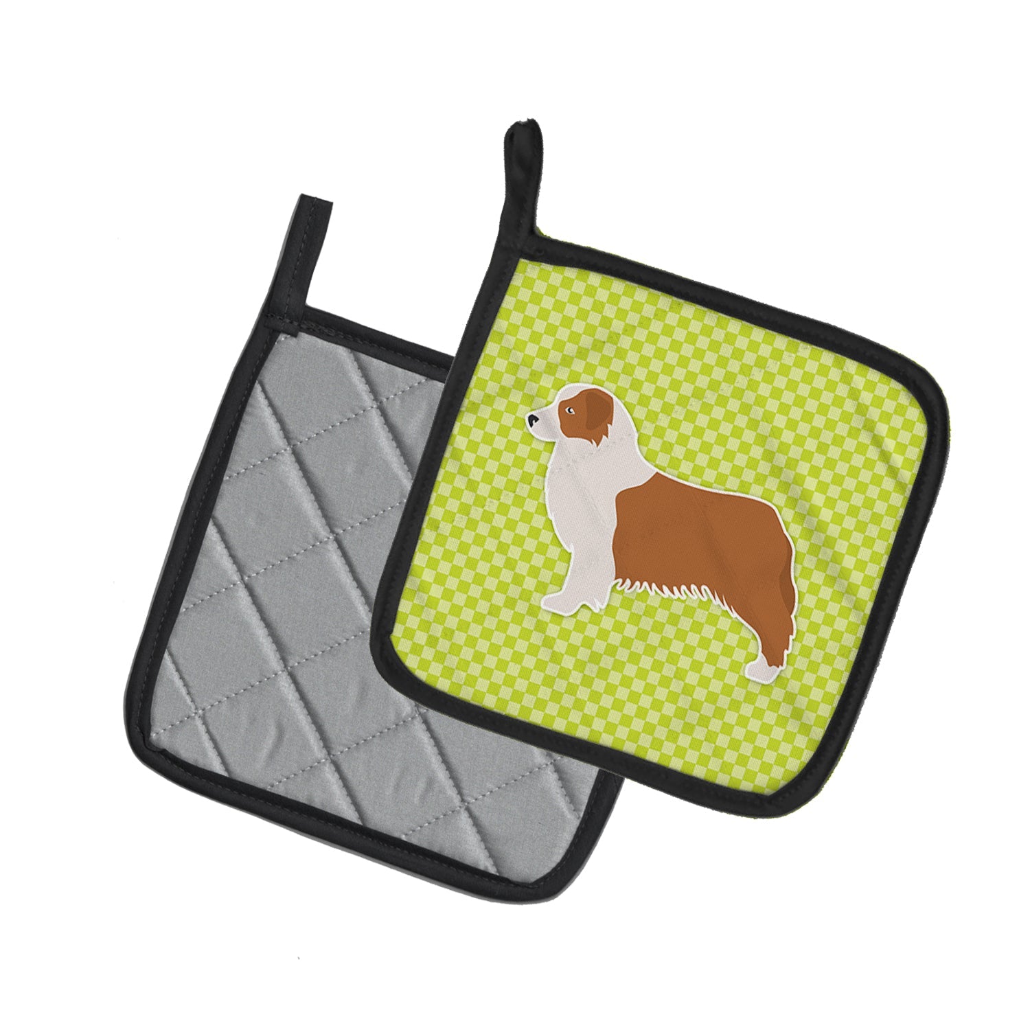 Australian Shepherd Dog Checkerboard Green Pot Holder Set of 2 Heat Resistant Quilted Hot Pads 7.5 x 7.5 Inch, Insulated Kitchen Trivets for Cooking & Baking