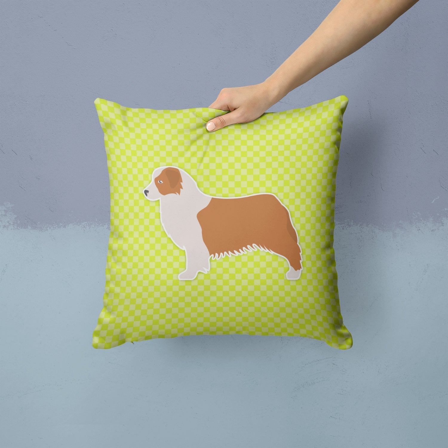 Australian Shepherd Dog Checkerboard Green Decorative Throw Pillow 14x14 Indoor Outdoor Accent Cushion, Fabric Cover with Insert for Sofa, Bed, Porch & Living Room