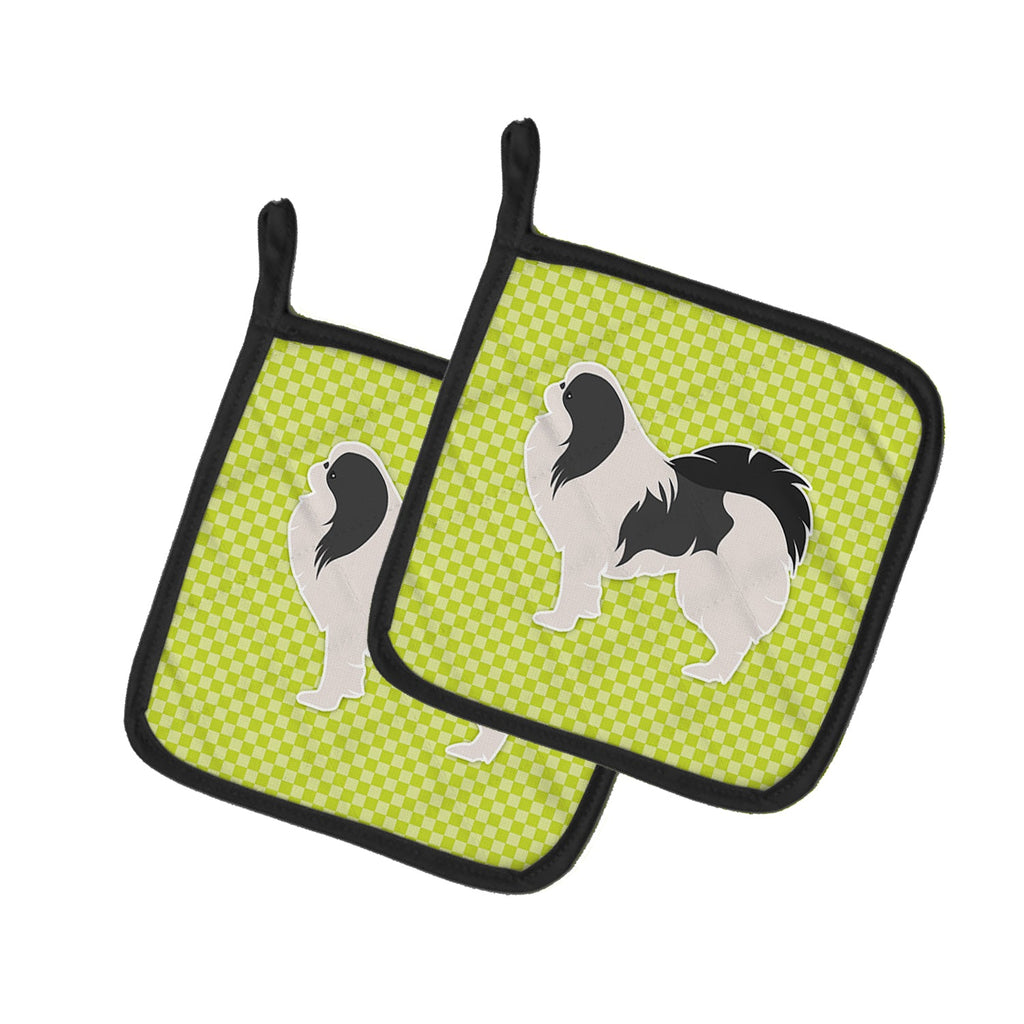 Japanese Chin Checkerboard Green Pot Holder Set of 2 Heat Resistant Quilted Hot Pads 7.5 x 7.5 Inch, Insulated Kitchen Trivets for Cooking & Baking