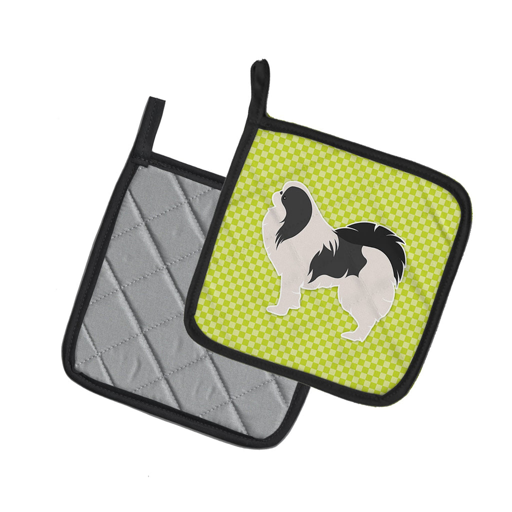 Japanese Chin Checkerboard Green Pot Holder Set of 2 Heat Resistant Quilted Hot Pads 7.5 x 7.5 Inch, Insulated Kitchen Trivets for Cooking & Baking