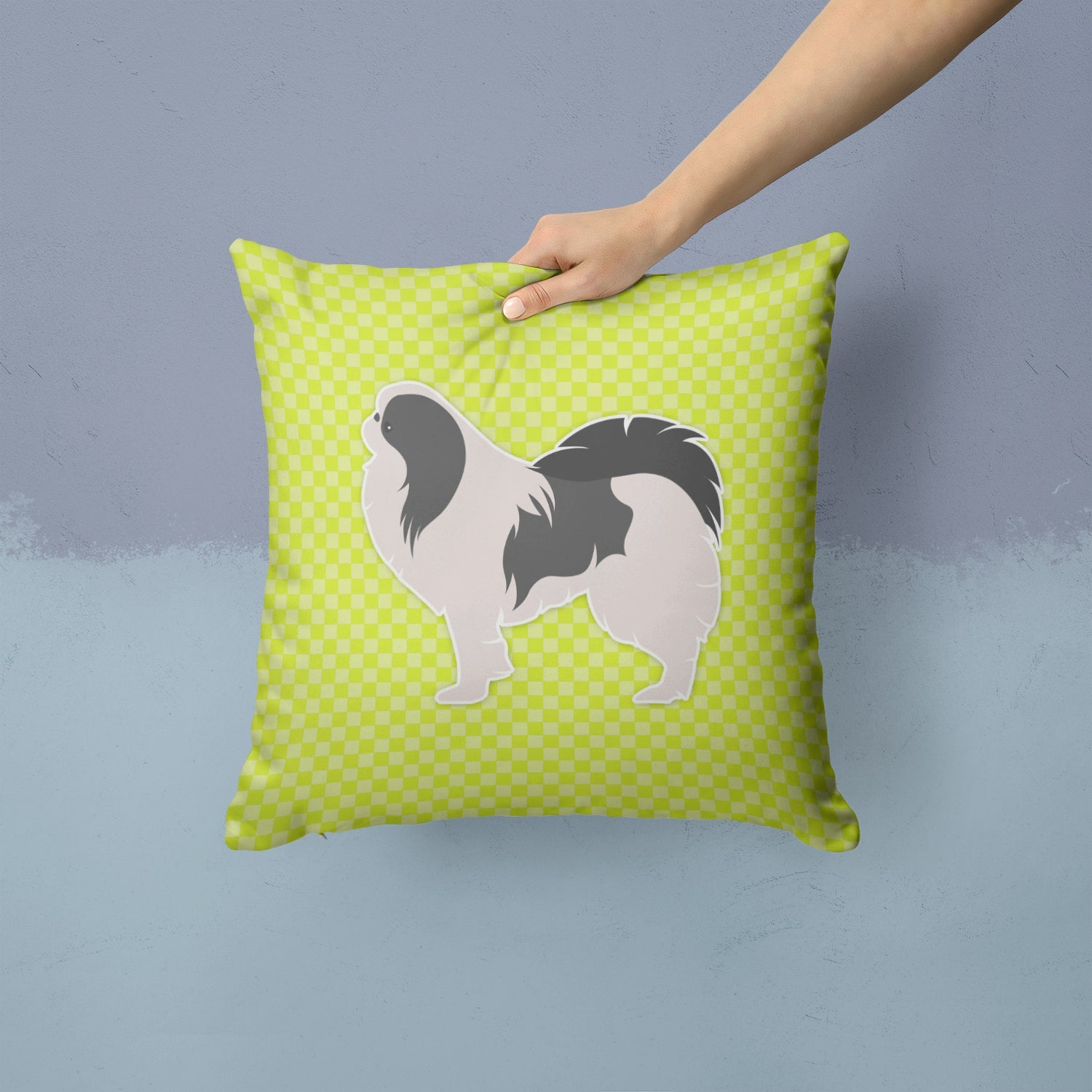 Japanese Chin Checkerboard Green Decorative Throw Pillow 14x14 Indoor Outdoor Accent Cushion, Fabric Cover with Insert for Sofa, Bed, Porch & Living Room