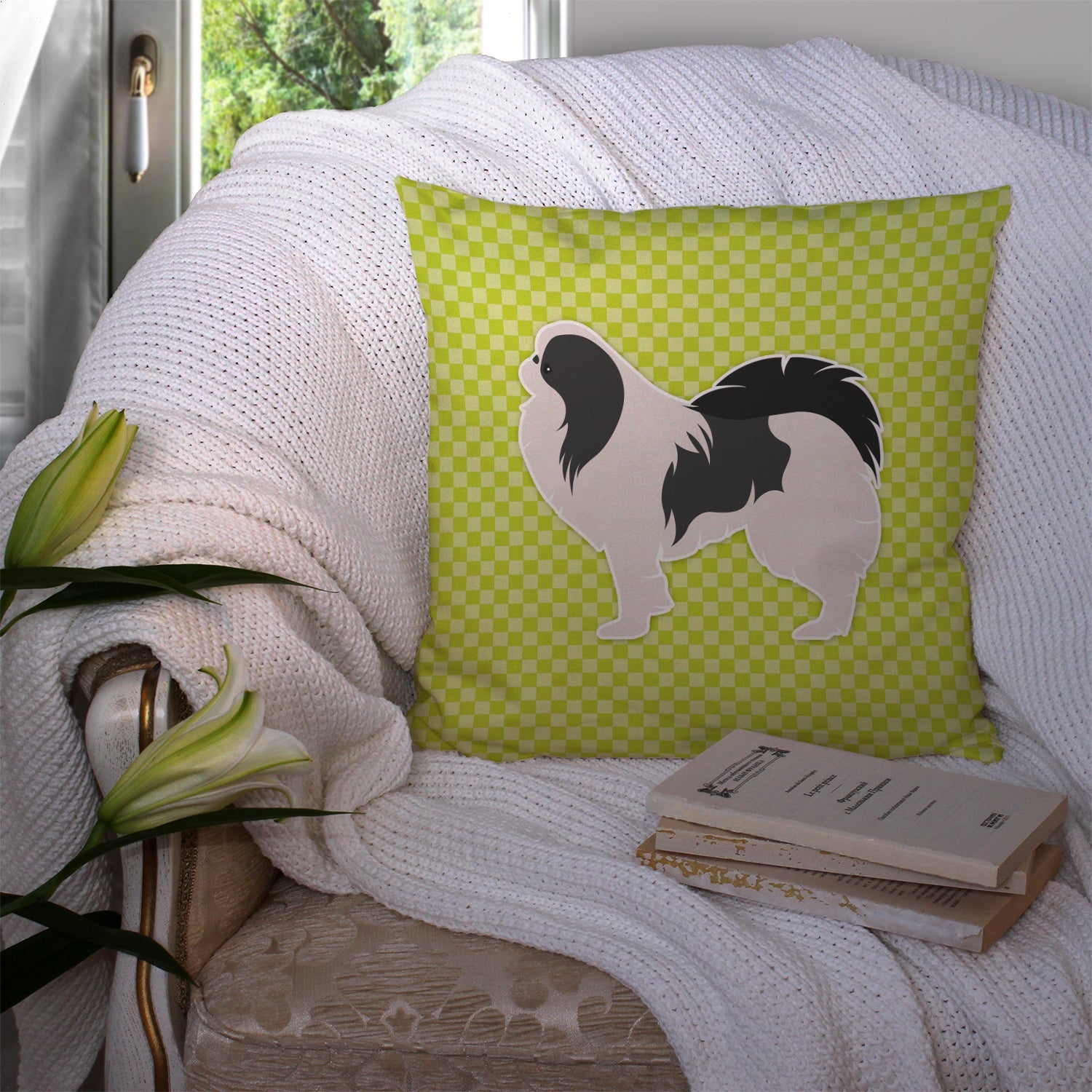 Japanese Chin Checkerboard Green Decorative Throw Pillow 14x14 Indoor Outdoor Accent Cushion, Fabric Cover with Insert for Sofa, Bed, Porch & Living Room