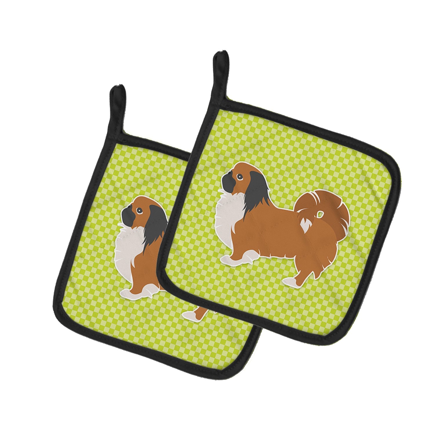 Pekingese Checkerboard Green Pot Holder Set of 2 Heat Resistant Quilted Hot Pads 7.5 x 7.5 Inch, Insulated Kitchen Trivets for Cooking & Baking