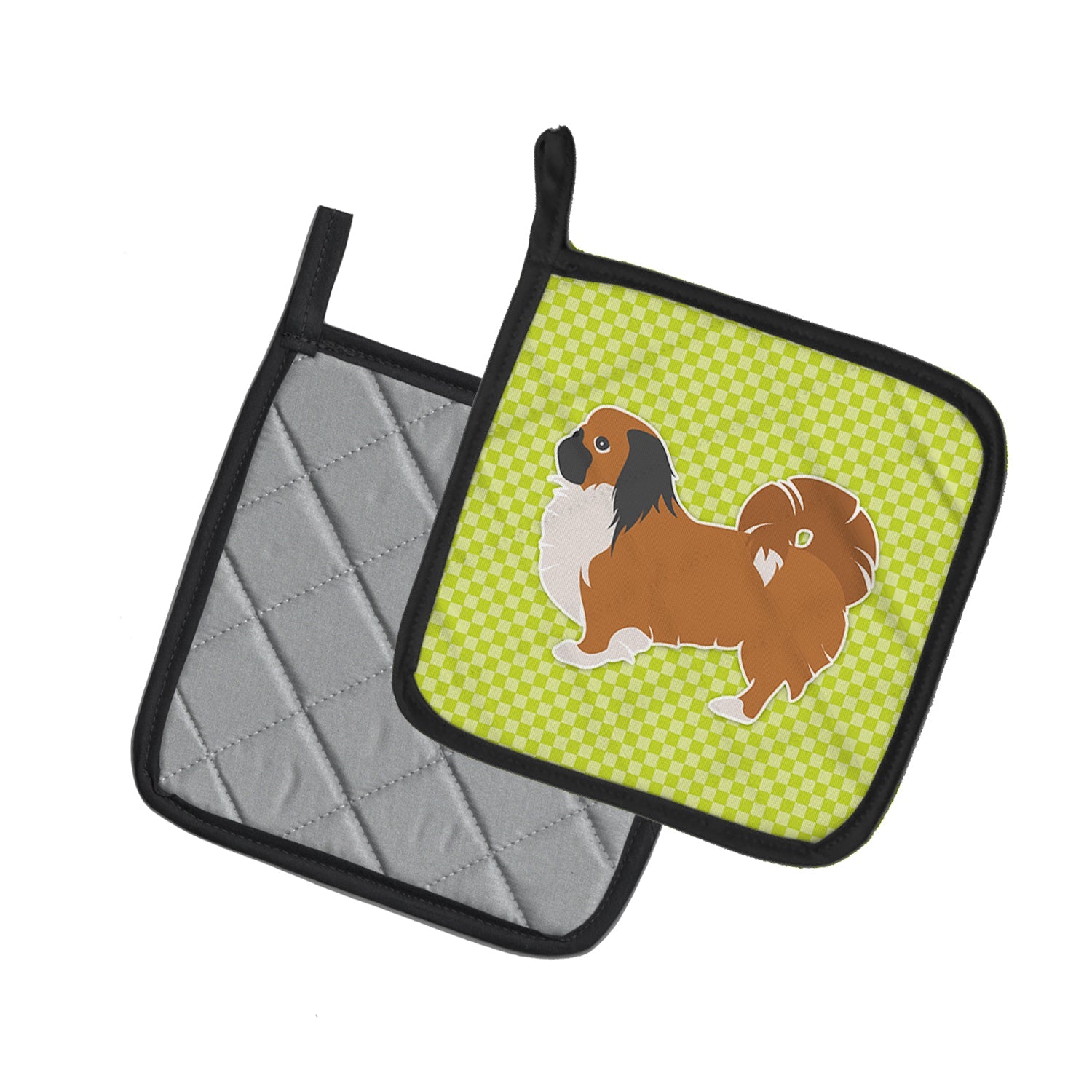 Pekingese Checkerboard Green Pot Holder Set of 2 Heat Resistant Quilted Hot Pads 7.5 x 7.5 Inch, Insulated Kitchen Trivets for Cooking & Baking