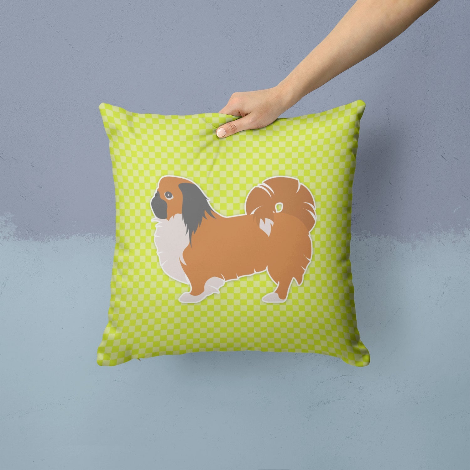 Pekingese Checkerboard Green Decorative Throw Pillow 14x14 Indoor Outdoor Accent Cushion, Fabric Cover with Insert for Sofa, Bed, Porch & Living Room