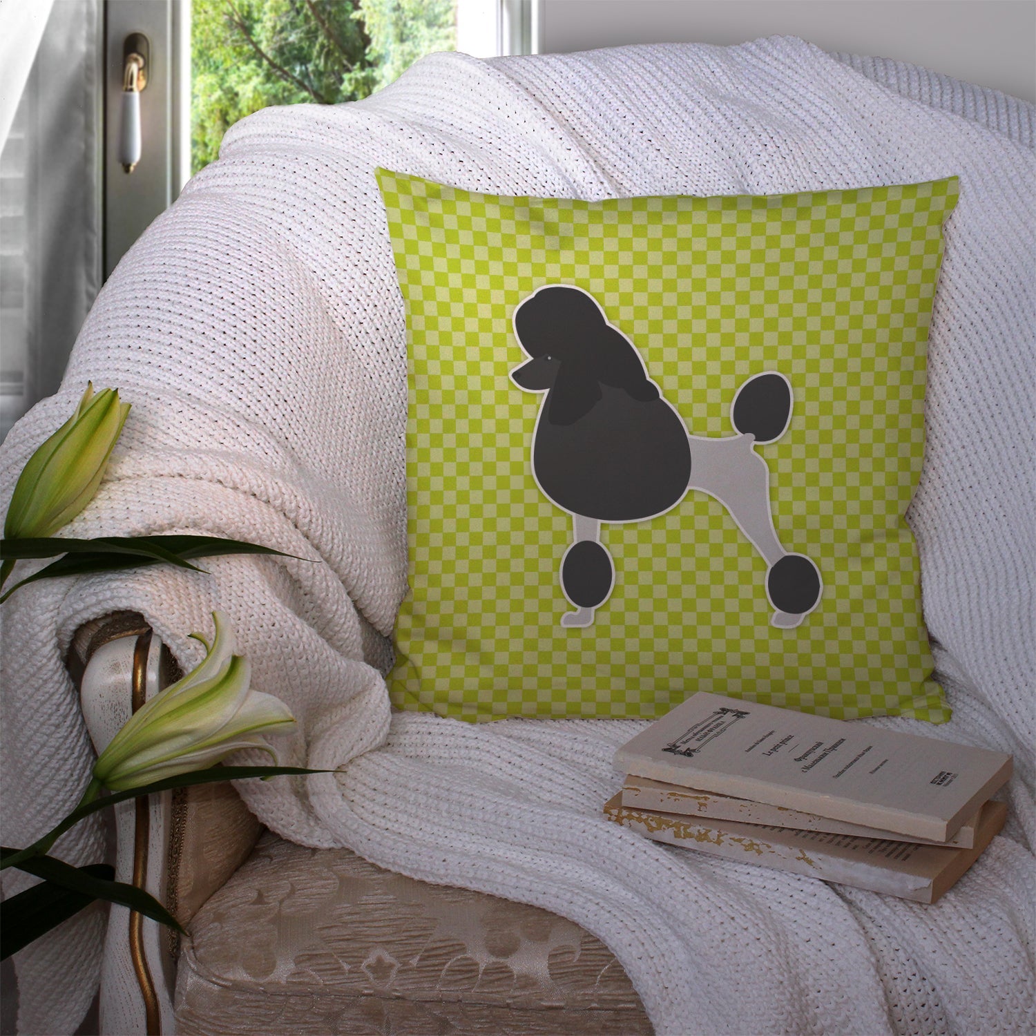 Poodle Checkerboard Green Decorative Throw Pillow 14x14 Indoor Outdoor Accent Cushion, Fabric Cover with Insert for Sofa, Bed, Porch & Living Room