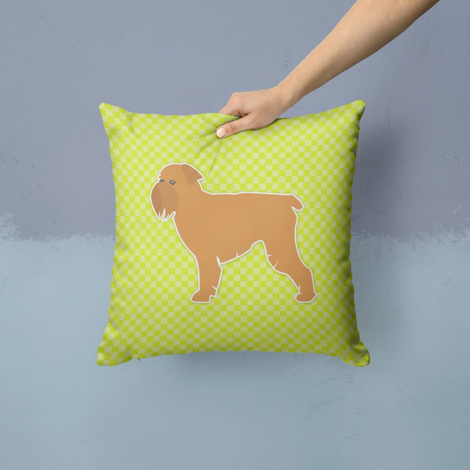 Brussels Griffon Checkerboard Green Decorative Throw Pillow 14x14 Indoor Outdoor Accent Cushion, Fabric Cover with Insert for Sofa, Bed, Porch & Living Room