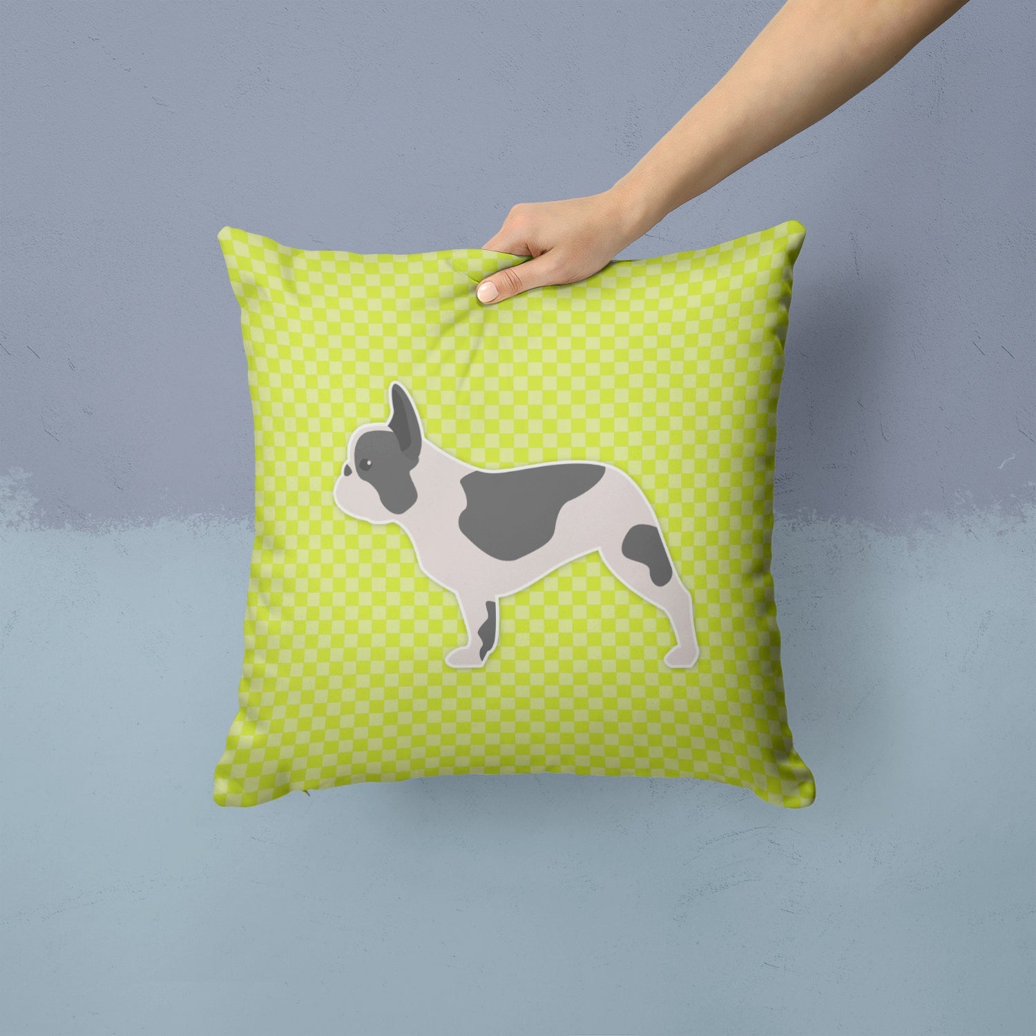 French Bulldog Checkerboard Green Decorative Throw Pillow 14x14 Indoor Outdoor Accent Cushion, Fabric Cover with Insert for Sofa, Bed, Porch & Living Room