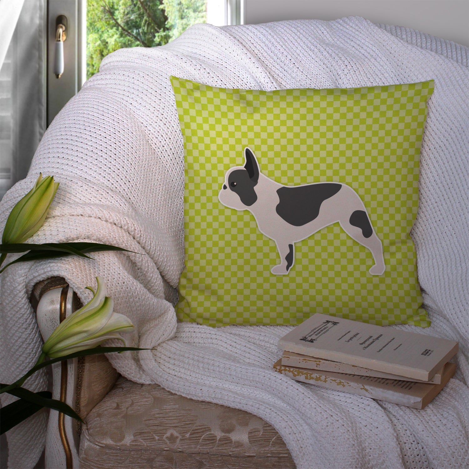 French Bulldog Checkerboard Green Decorative Throw Pillow 14x14 Indoor Outdoor Accent Cushion, Fabric Cover with Insert for Sofa, Bed, Porch & Living Room