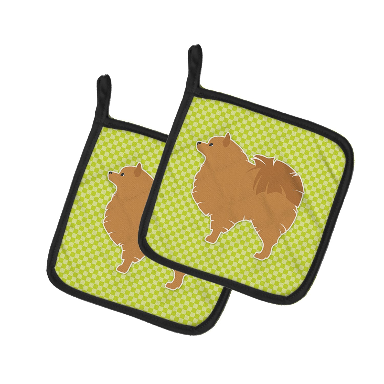 Pomeranian Checkerboard Green Pot Holder Set of 2 Heat Resistant Quilted Hot Pads 7.5 x 7.5 Inch, Insulated Kitchen Trivets for Cooking & Baking