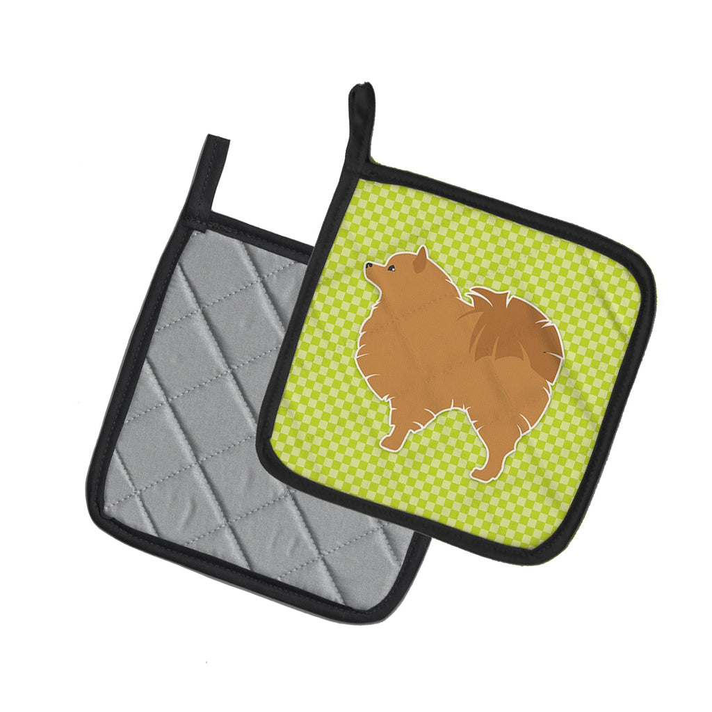 Pomeranian Checkerboard Green Pot Holder Set of 2 Heat Resistant Quilted Hot Pads 7.5 x 7.5 Inch, Insulated Kitchen Trivets for Cooking & Baking