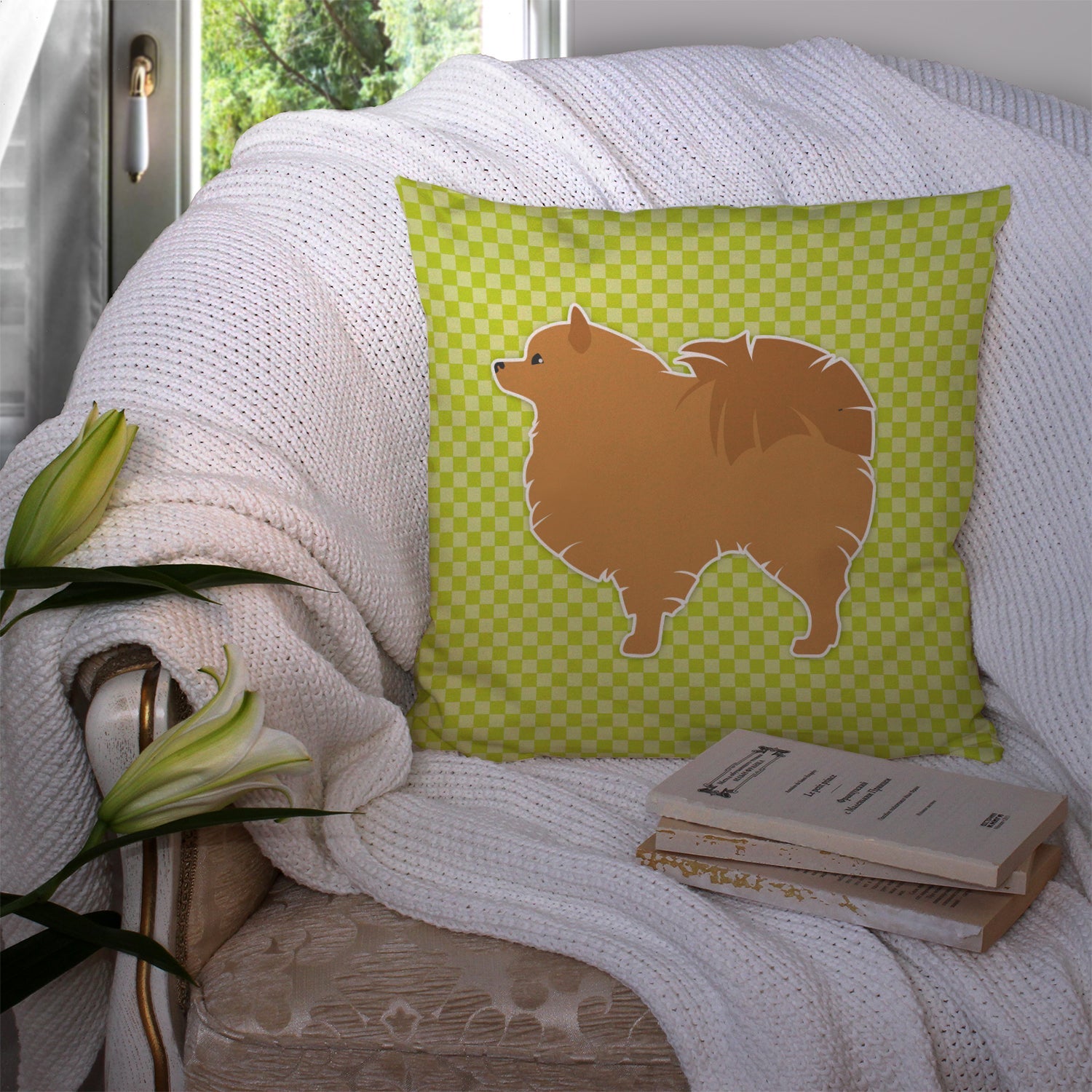 Pomeranian Checkerboard Green Decorative Throw Pillow 14x14 Indoor Outdoor Accent Cushion, Fabric Cover with Insert for Sofa, Bed, Porch & Living Room