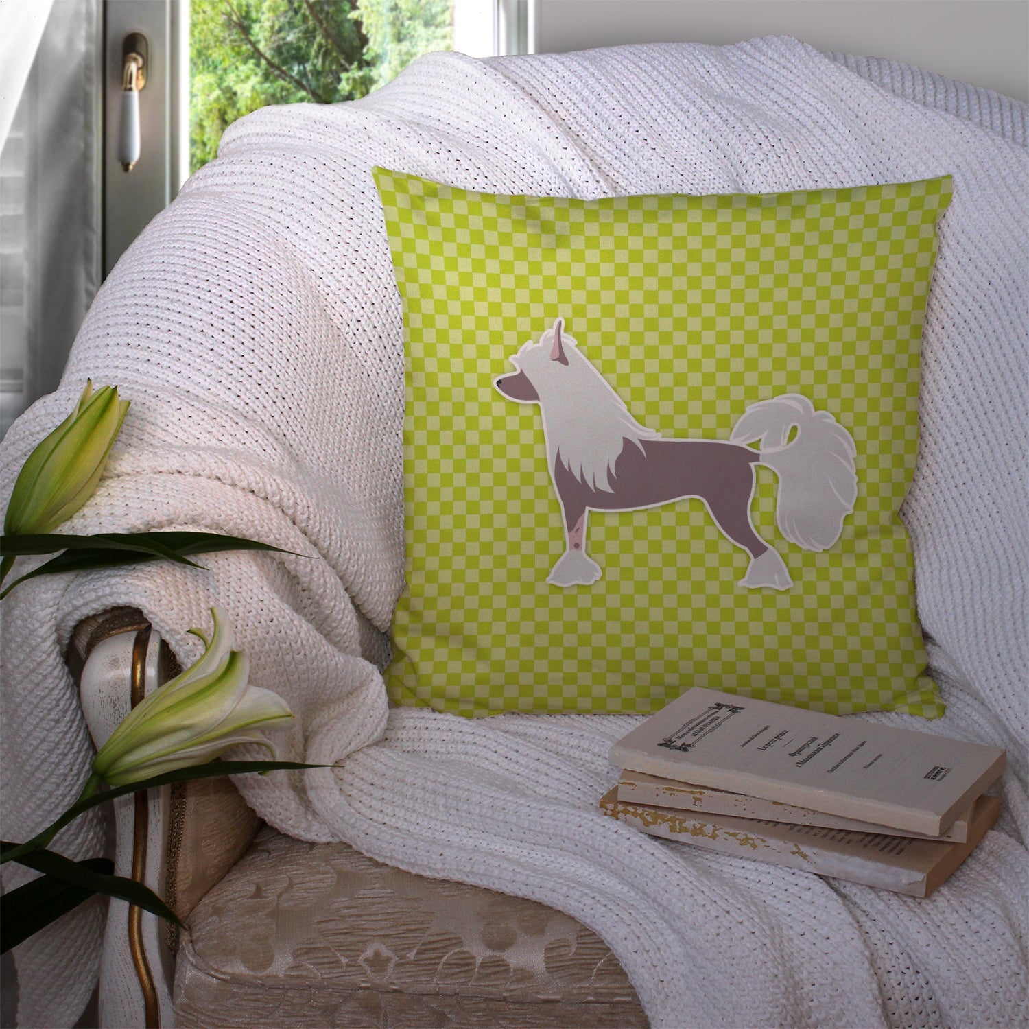 Chinese Crested Checkerboard Green Decorative Throw Pillow 14x14 Indoor Outdoor Accent Cushion, Fabric Cover with Insert for Sofa, Bed, Porch & Living Room