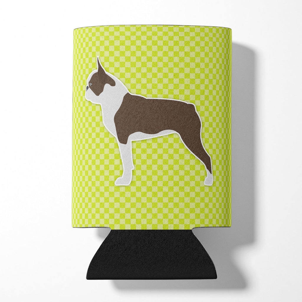 Boston Terrier Checkerboard Green Can or Bottle Hugger Cooler Sleeve for Standard 12 oz Cans, Insulated Foam Beer & Soda Can Hugger Reusable