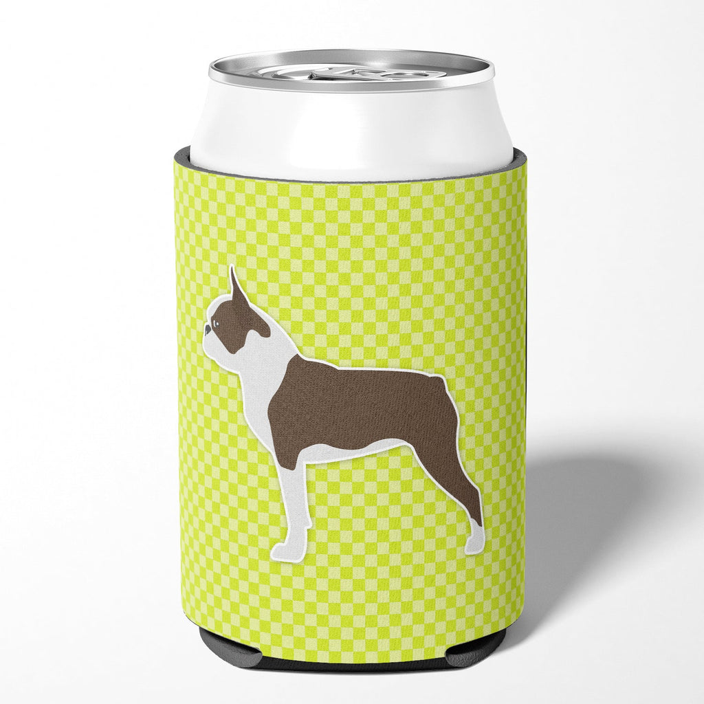 Boston Terrier Checkerboard Green Can or Bottle Hugger Cooler Sleeve for Standard 12 oz Cans, Insulated Foam Beer & Soda Can Hugger Reusable