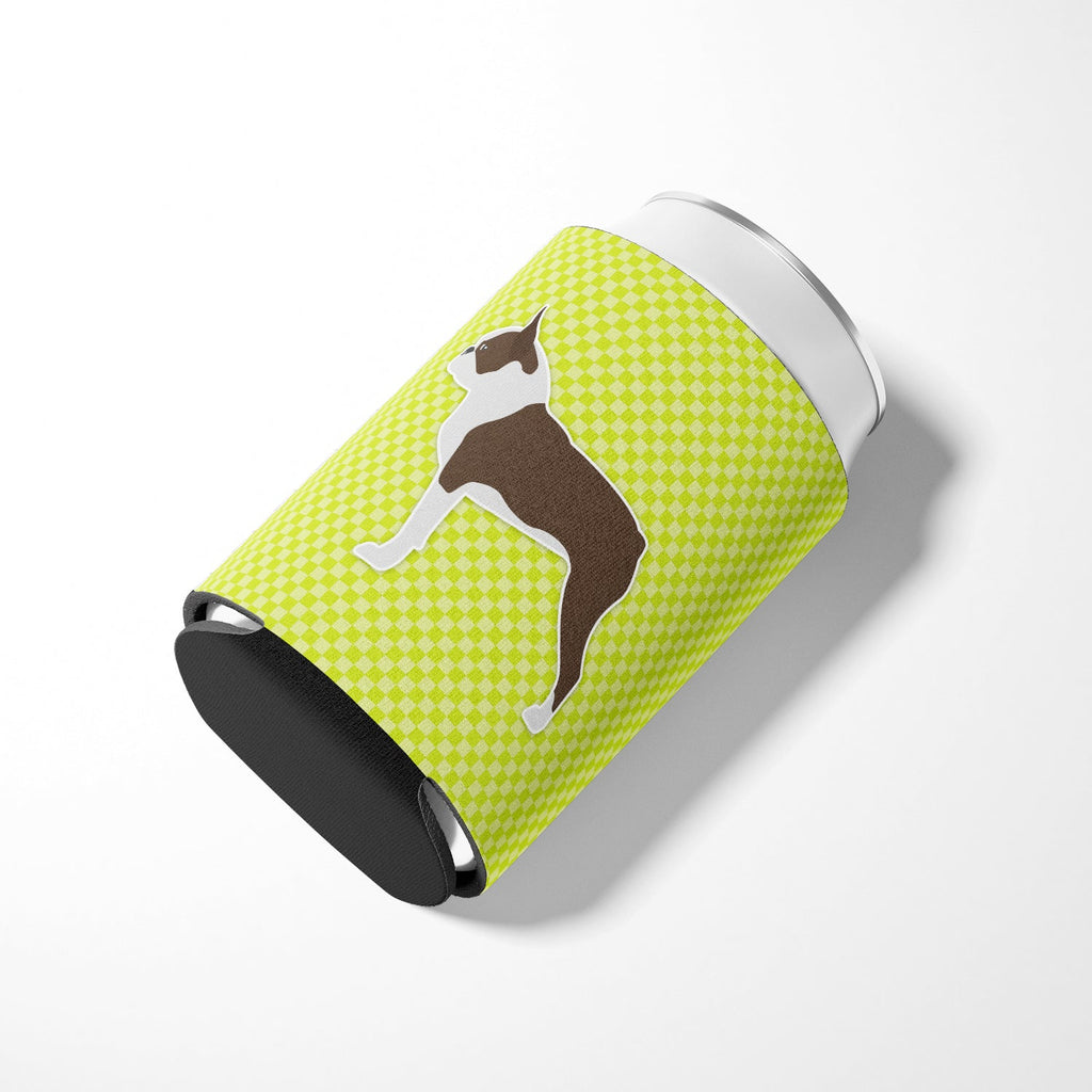 Boston Terrier Checkerboard Green Can or Bottle Hugger Cooler Sleeve for Standard 12 oz Cans, Insulated Foam Beer & Soda Can Hugger Reusable