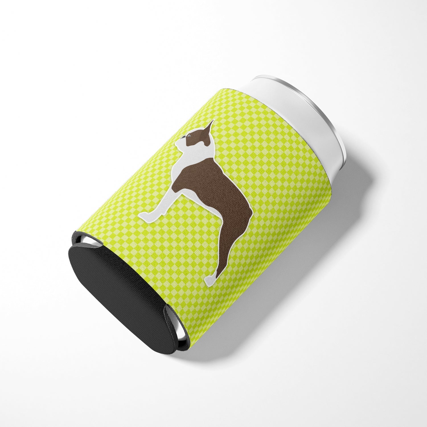 Boston Terrier Checkerboard Green Can or Bottle Hugger Cooler Sleeve for Standard 12 oz Cans, Insulated Foam Beer & Soda Can Hugger Reusable