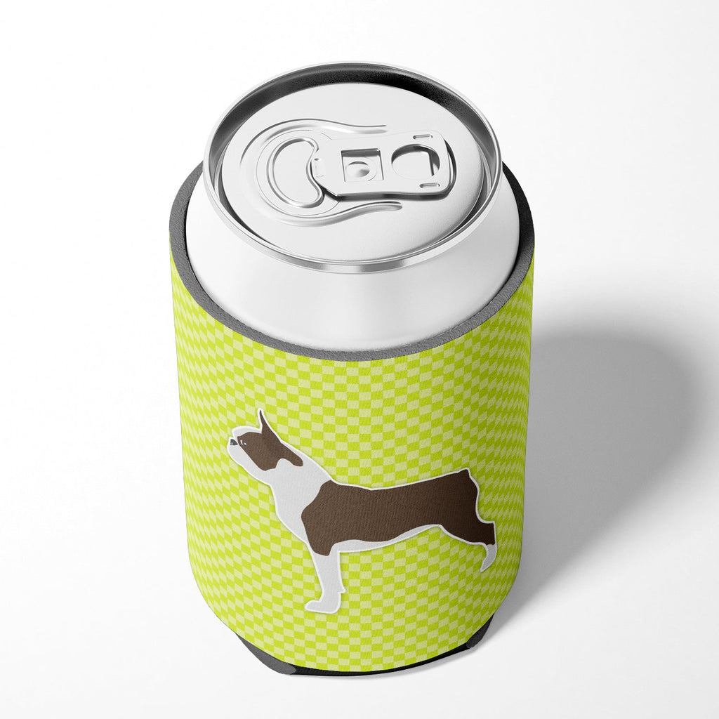 Boston Terrier Checkerboard Green Can or Bottle Hugger Cooler Sleeve for Standard 12 oz Cans, Insulated Foam Beer & Soda Can Hugger Reusable