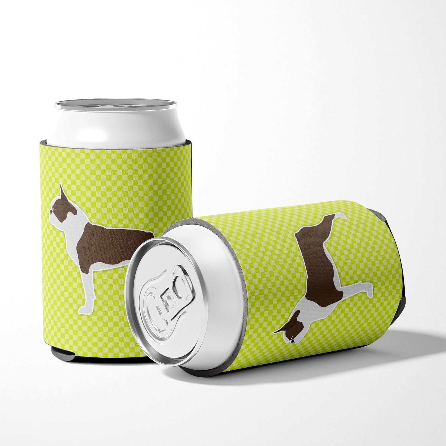 Boston Terrier Checkerboard Green Can or Bottle Hugger Cooler Sleeve for Standard 12 oz Cans, Insulated Foam Beer & Soda Can Hugger Reusable
