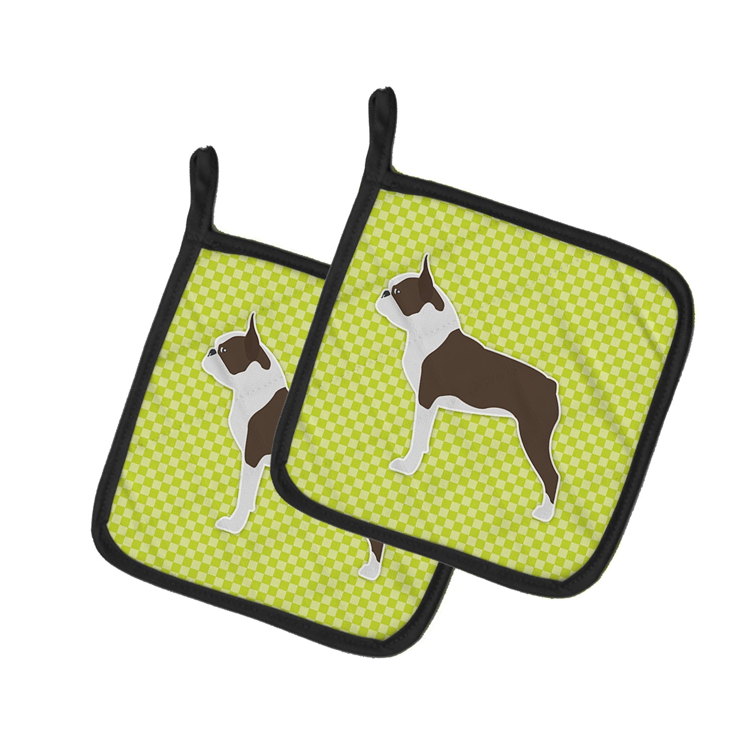 Boston Terrier Checkerboard Green Pot Holder Set of 2 Heat Resistant Quilted Hot Pads 7.5 x 7.5 Inch, Insulated Kitchen Trivets for Cooking & Baking