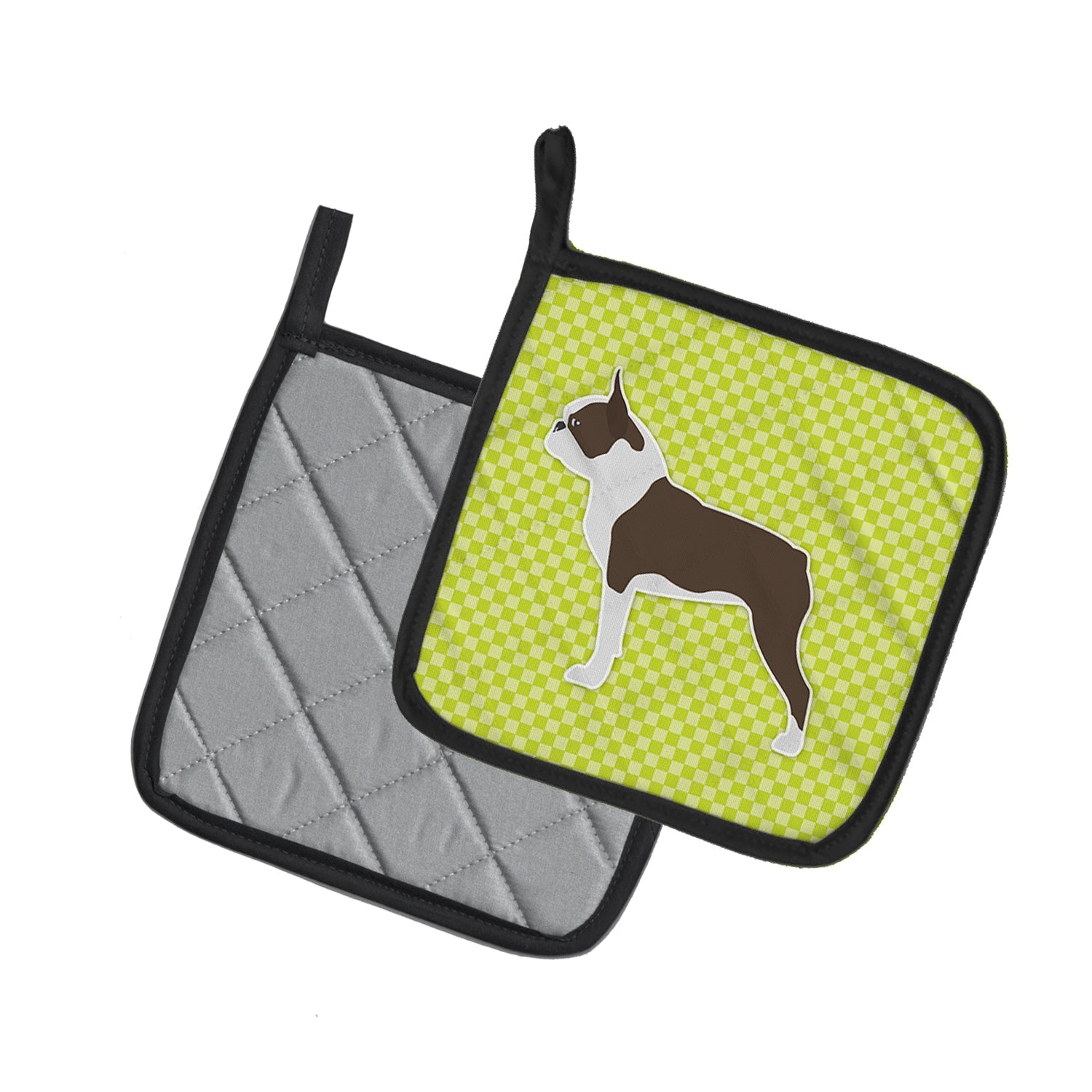 Boston Terrier Checkerboard Green Pot Holder Set of 2 Heat Resistant Quilted Hot Pads 7.5 x 7.5 Inch, Insulated Kitchen Trivets for Cooking & Baking