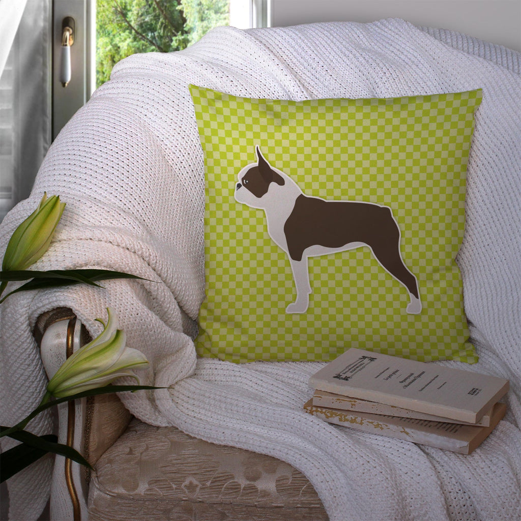 Boston Terrier Checkerboard Green Decorative Throw Pillow 14x14 Indoor Outdoor Accent Cushion, Fabric Cover with Insert for Sofa, Bed, Porch & Living Room