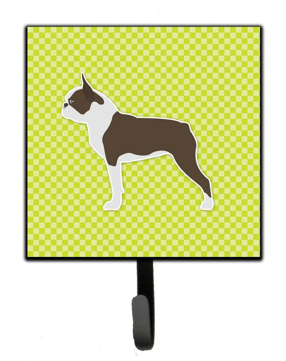Boston Terrier Checkerboard Green Leash or Key Holder Wall Hooks, Key Hooks Holder, Coat Rack Wall Mount, Coat Hooks, Hooks for Hanging Keys, Towels, Aprons, Leashes