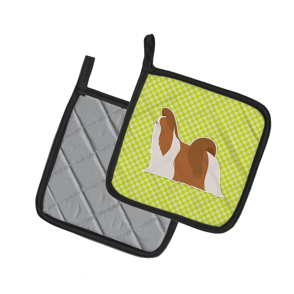 Shih Tzu Checkerboard Green Pot Holder Set of 2 Heat Resistant Quilted Hot Pads 7.5 x 7.5 Inch, Insulated Kitchen Trivets for Cooking & Baking