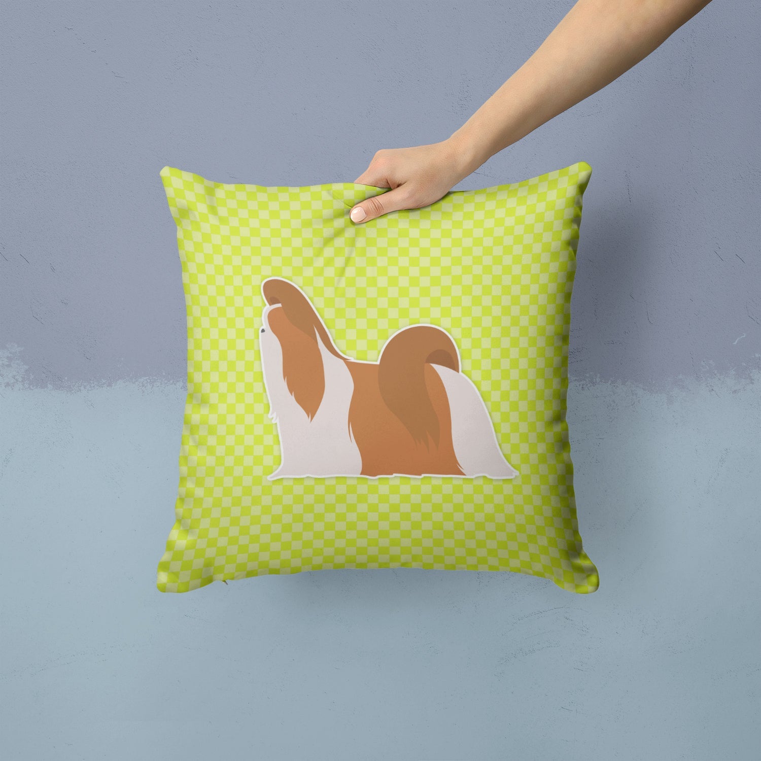Shih Tzu Checkerboard Green Decorative Throw Pillow 14x14 Indoor Outdoor Accent Cushion, Fabric Cover with Insert for Sofa, Bed, Porch & Living Room