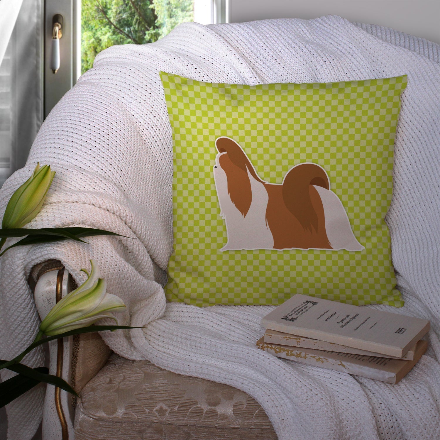 Shih Tzu Checkerboard Green Decorative Throw Pillow 14x14 Indoor Outdoor Accent Cushion, Fabric Cover with Insert for Sofa, Bed, Porch & Living Room