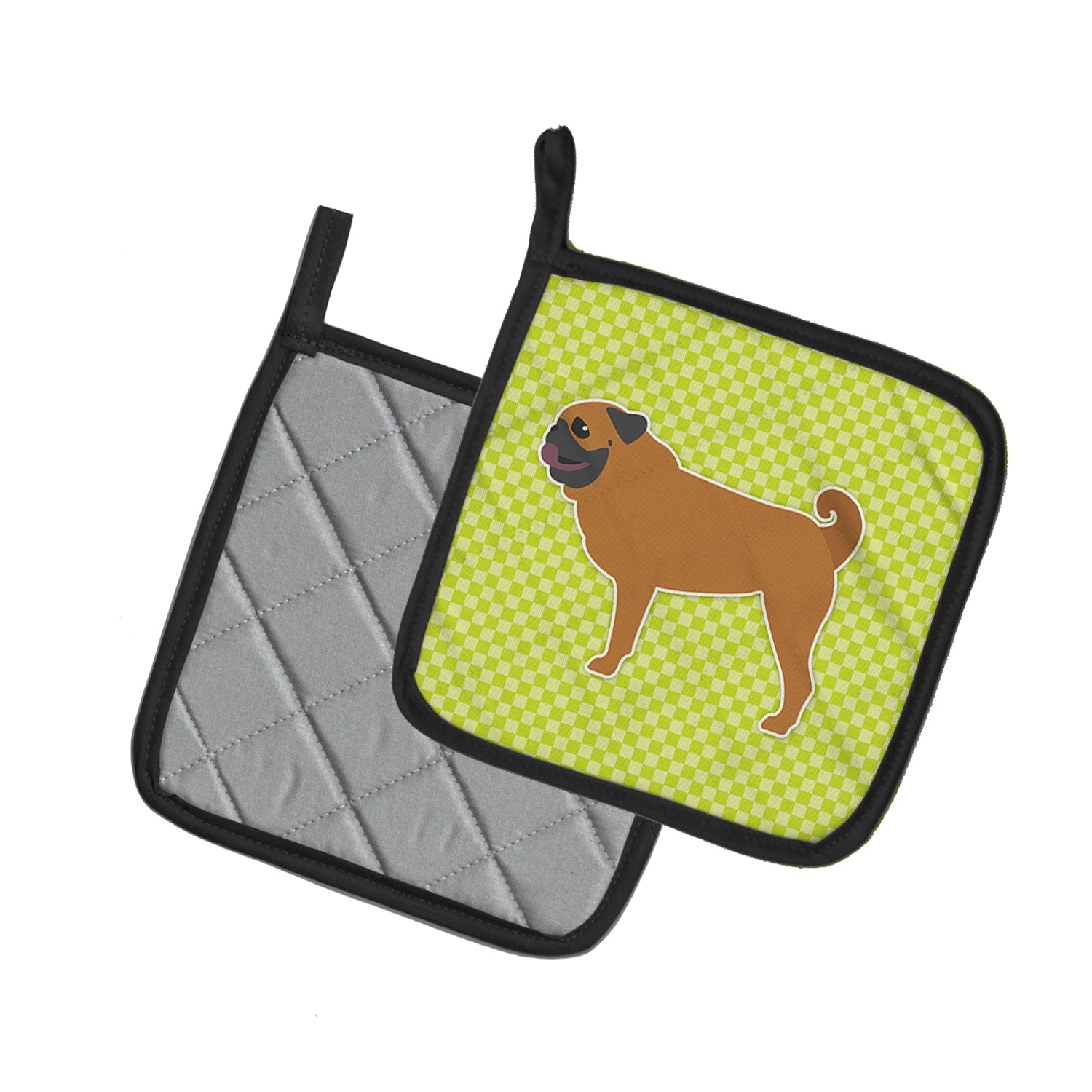 Pug Checkerboard Green Pot Holder Set of 2 Heat Resistant Quilted Hot Pads 7.5 x 7.5 Inch, Insulated Kitchen Trivets for Cooking & Baking